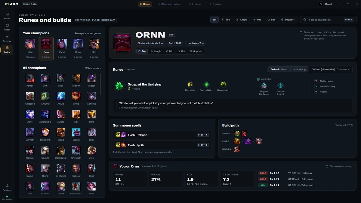 The Builds tab: a champion list and the selected champion's runes, summoner spells and build path.