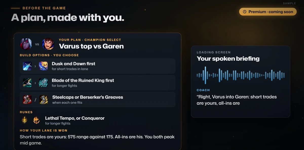 A sample plan from the coach video: Varus top against Garen, build options to choose from with the reason for each, runes, how the lane is won, and the spoken briefing for the loading screen.
