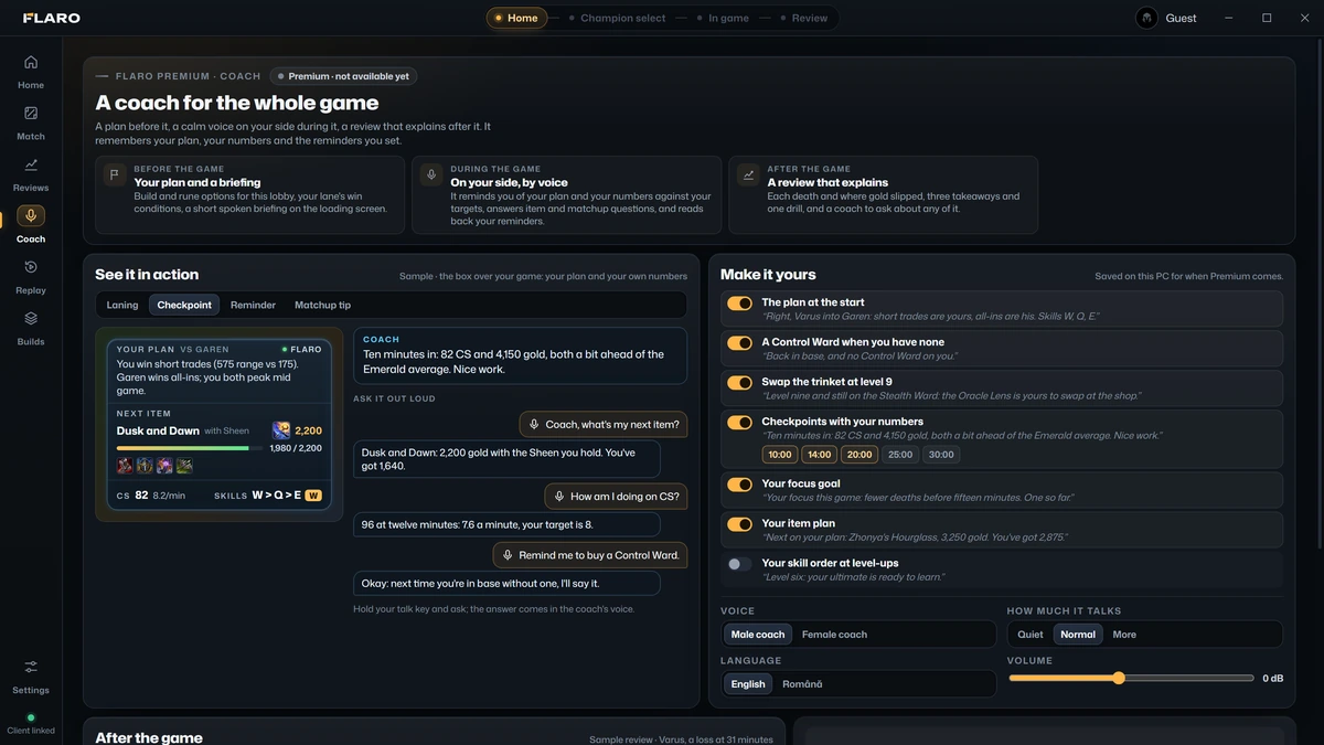 A sample checkpoint in the coach preview: ten minutes in, your CS and gold against the average for your rank.