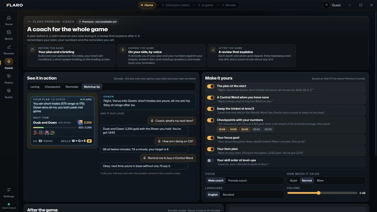 A sample matchup tip in the coach preview: Varus into Garen, short trades are yours, all-ins are his.
