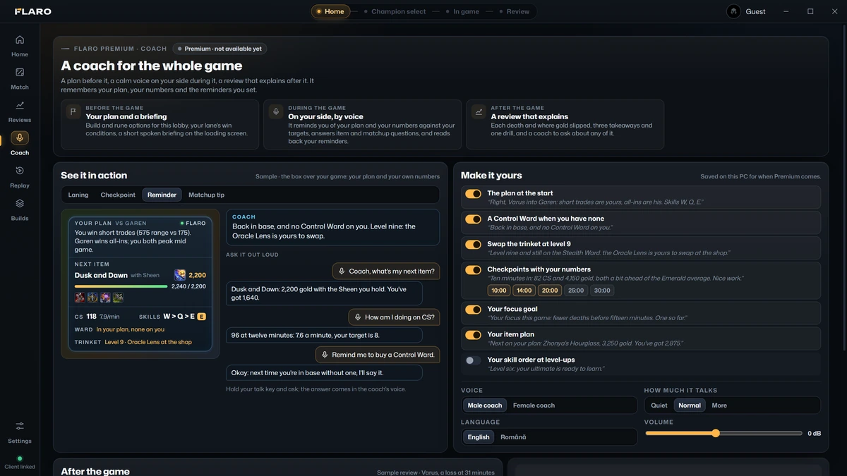 A sample reminder in the coach preview: back in base with no Control Ward, and the trinket swap at level nine.
