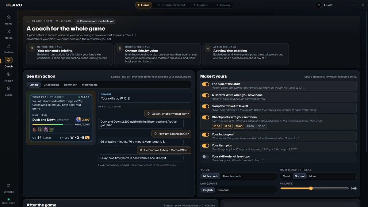 Flaro's Coach page, a preview of Premium with sample data: the coach's box over the game with your plan and next item, and the coach saying your skill order.