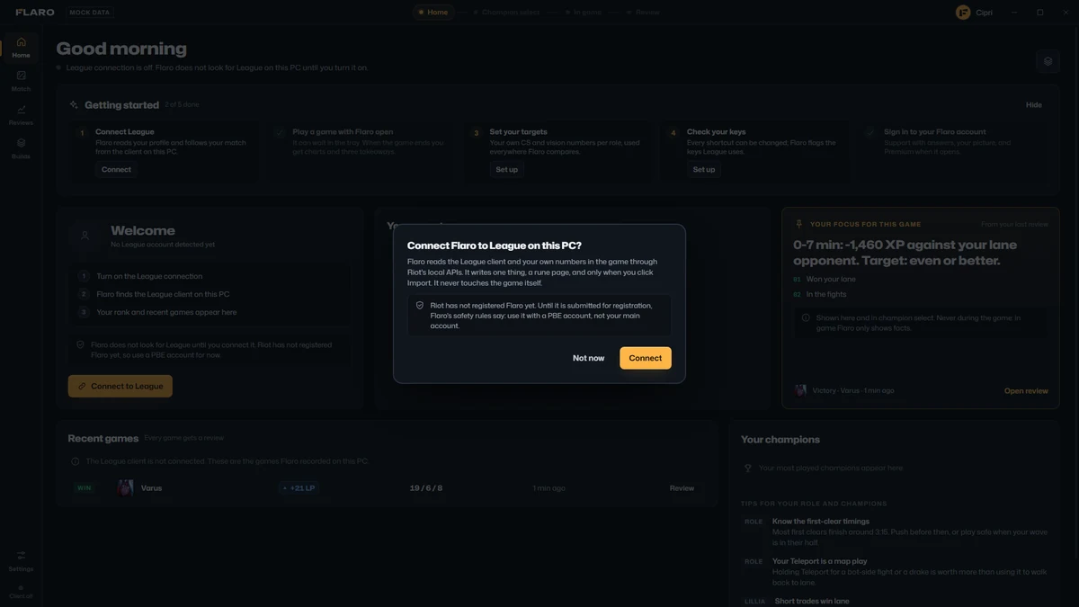 The Connect to League dialog: Flaro reads the client and your numbers through Riot's local APIs, writes only a rune page when you click Import, and asks you to use a PBE account until it is registered.