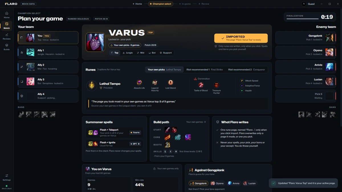 Champion select just after an import: the button reads Imported, and a message confirms the page Flaro: Varus Top is active in the client.
