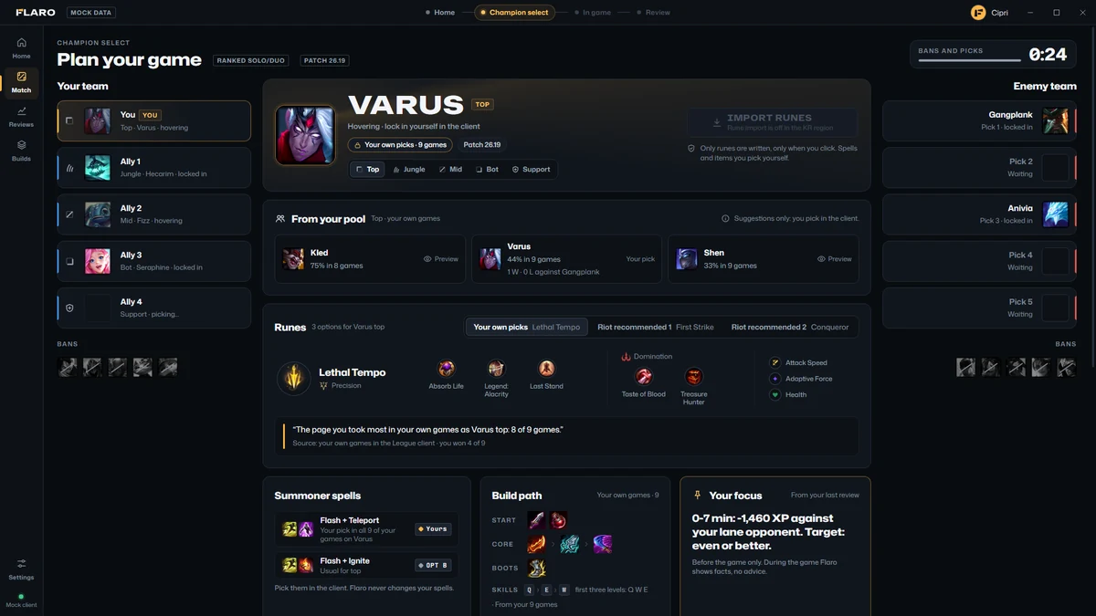 Champion select in the KR region: the Import runes button is disabled and says rune import is off in the KR region.
