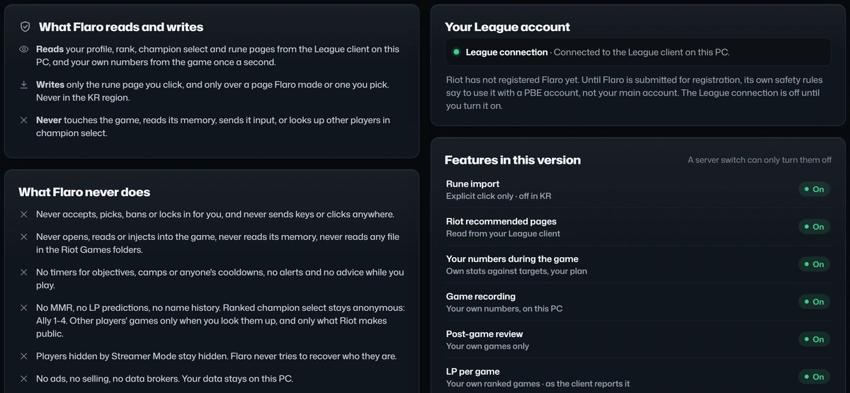 Settings, Privacy and safety: read-only, documented Riot interfaces and one write on your click; what Flaro reads and writes; what Flaro never does.