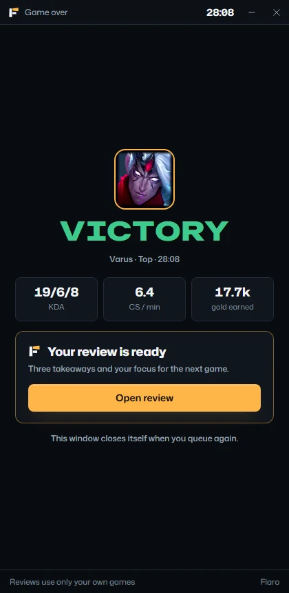 The small window when the game ends: Victory, three numbers, and your review is ready.